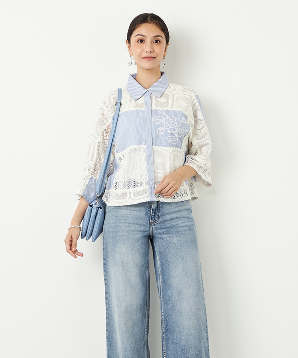  armoire capriceのストライプ×レース切り替えシャツ