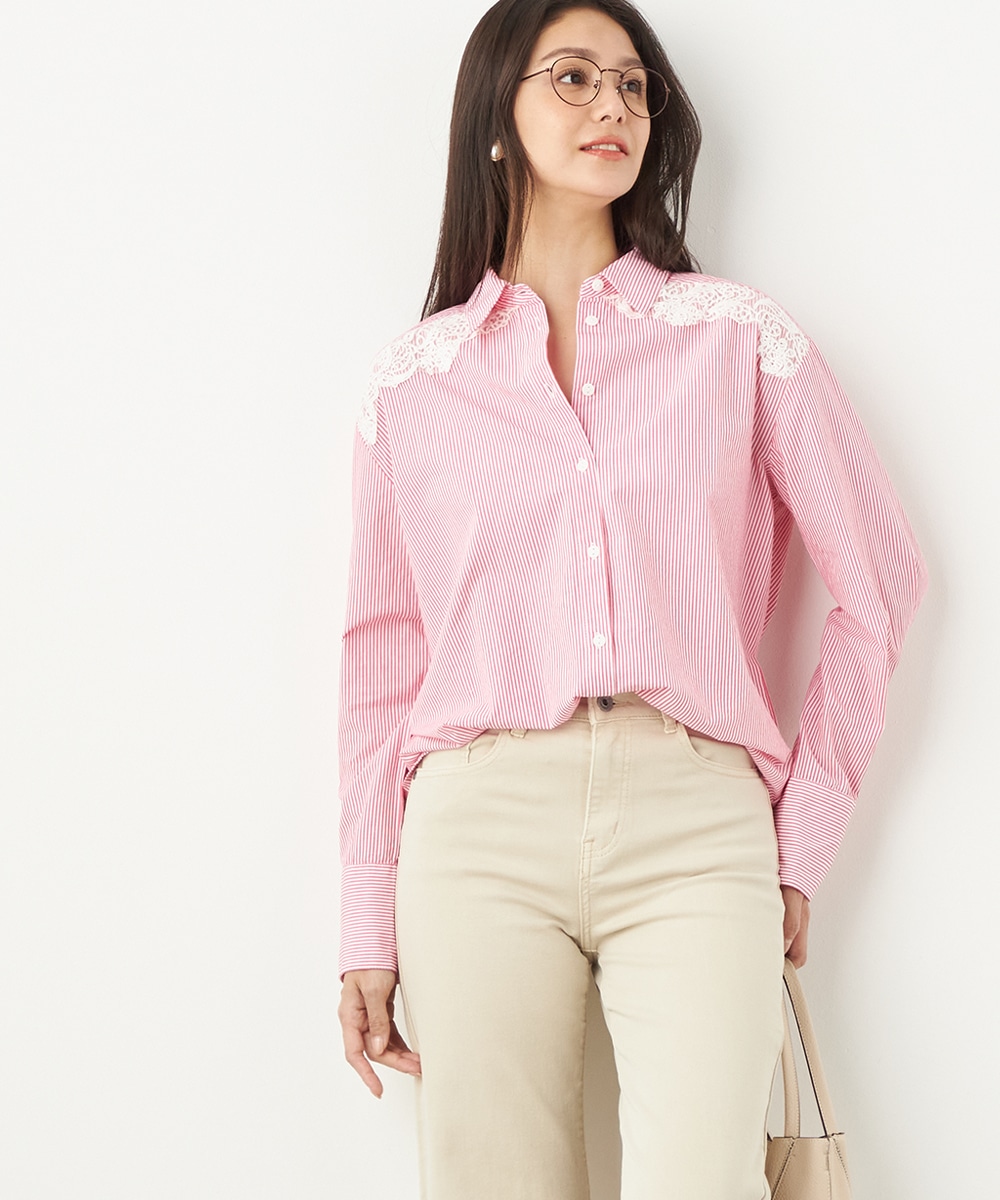 ショルダーレースストライプシャツ