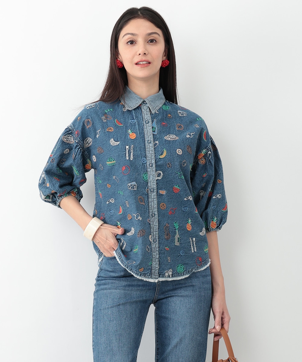 フレンチビストロ刺繍デニムブラウス