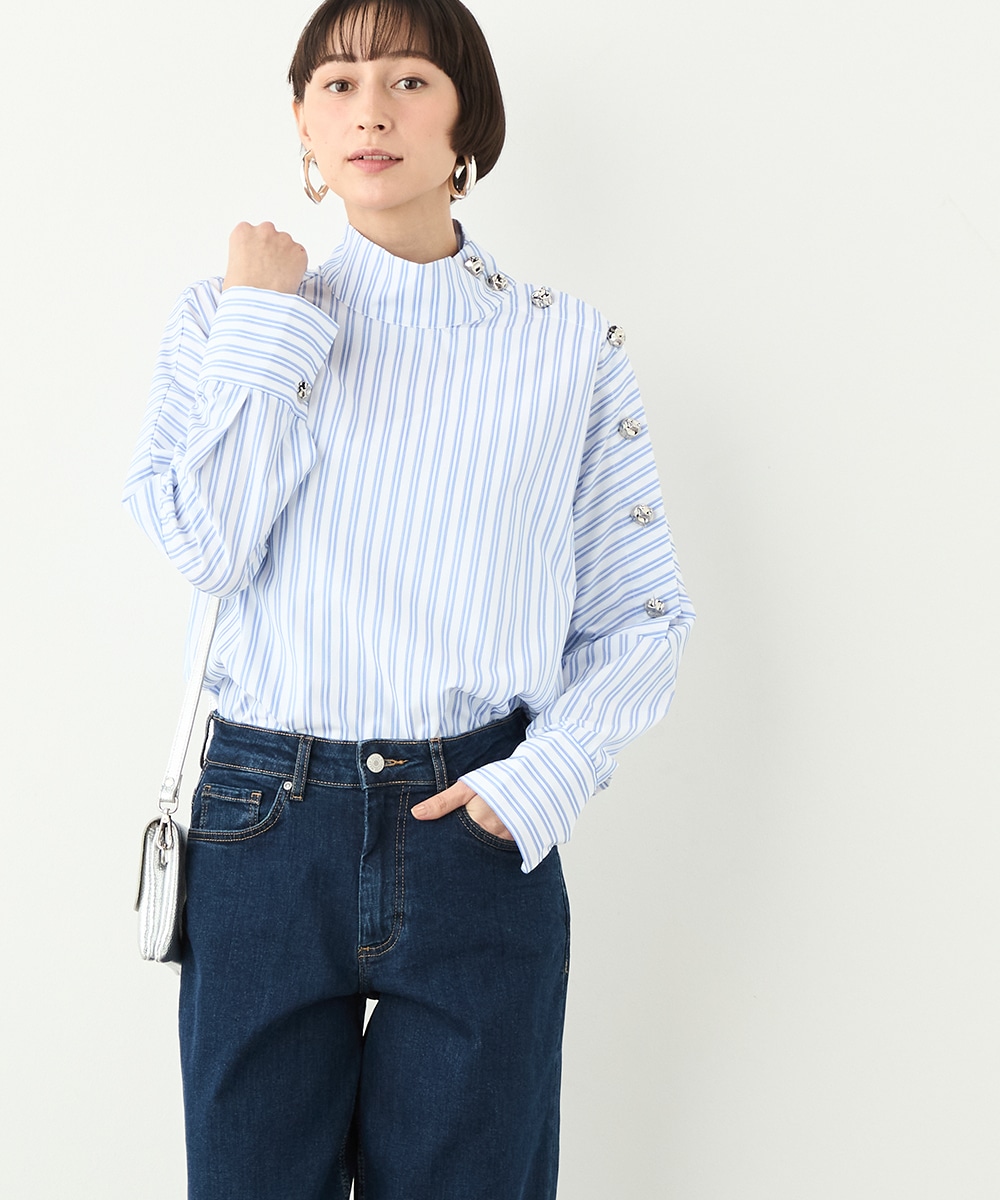 ストライプアシンメトリーボタンブラウス