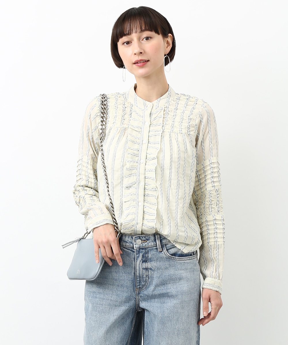 ストライプ刺繍フリルブラウス