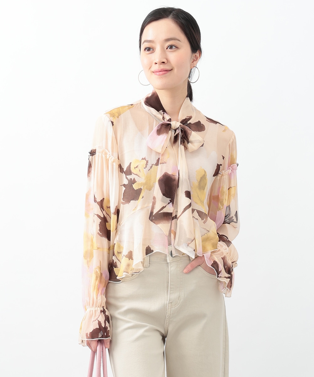 ぼかしフラワープリントボウタイブラウス