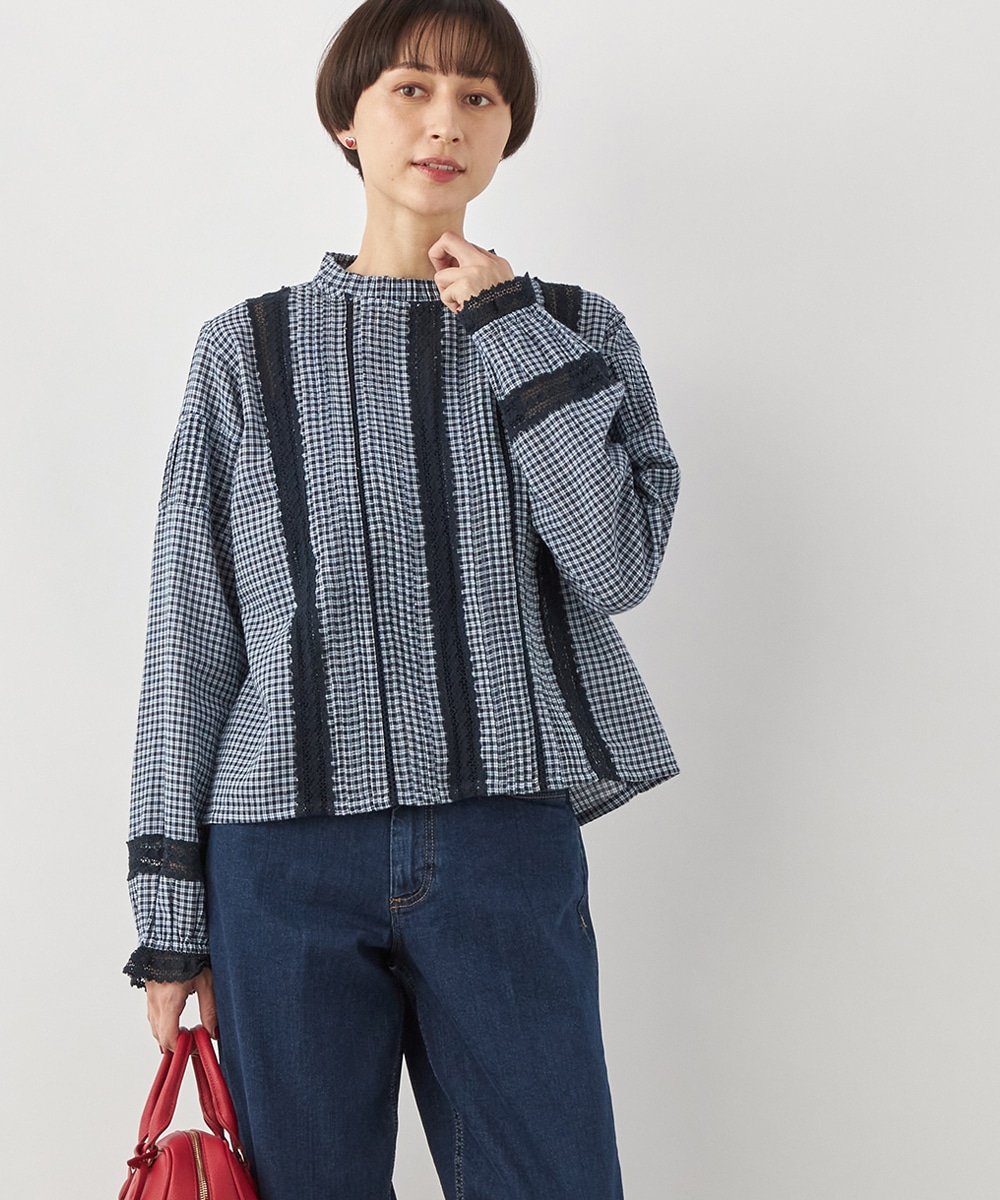 チェックレースブラウス
