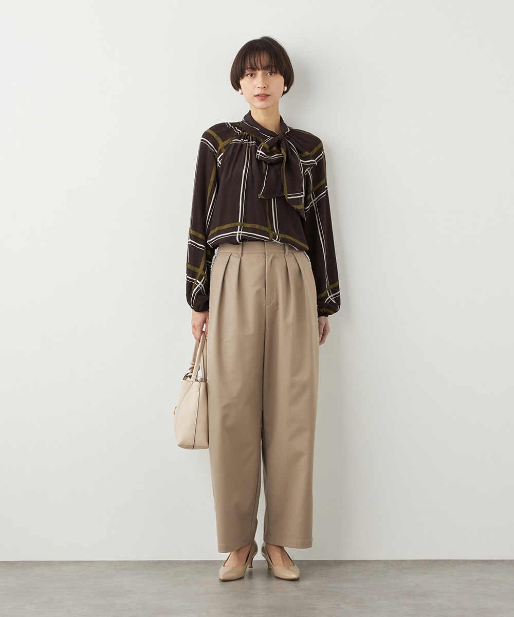 アシンメトリーボウタイチェックブラウス