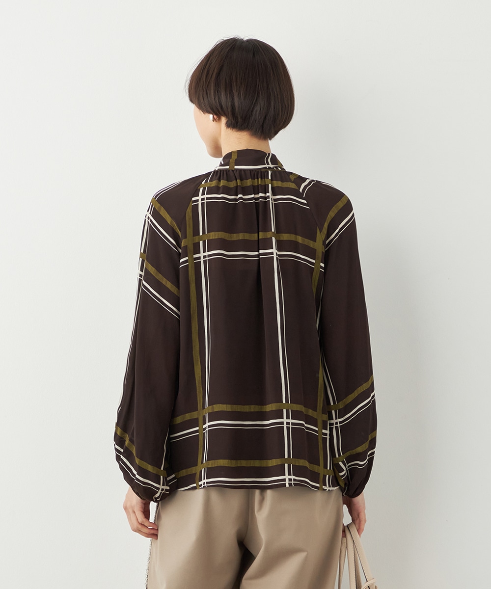 アシンメトリーボウタイチェックブラウス