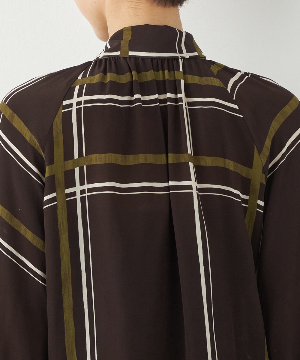 アシンメトリーボウタイチェックブラウス