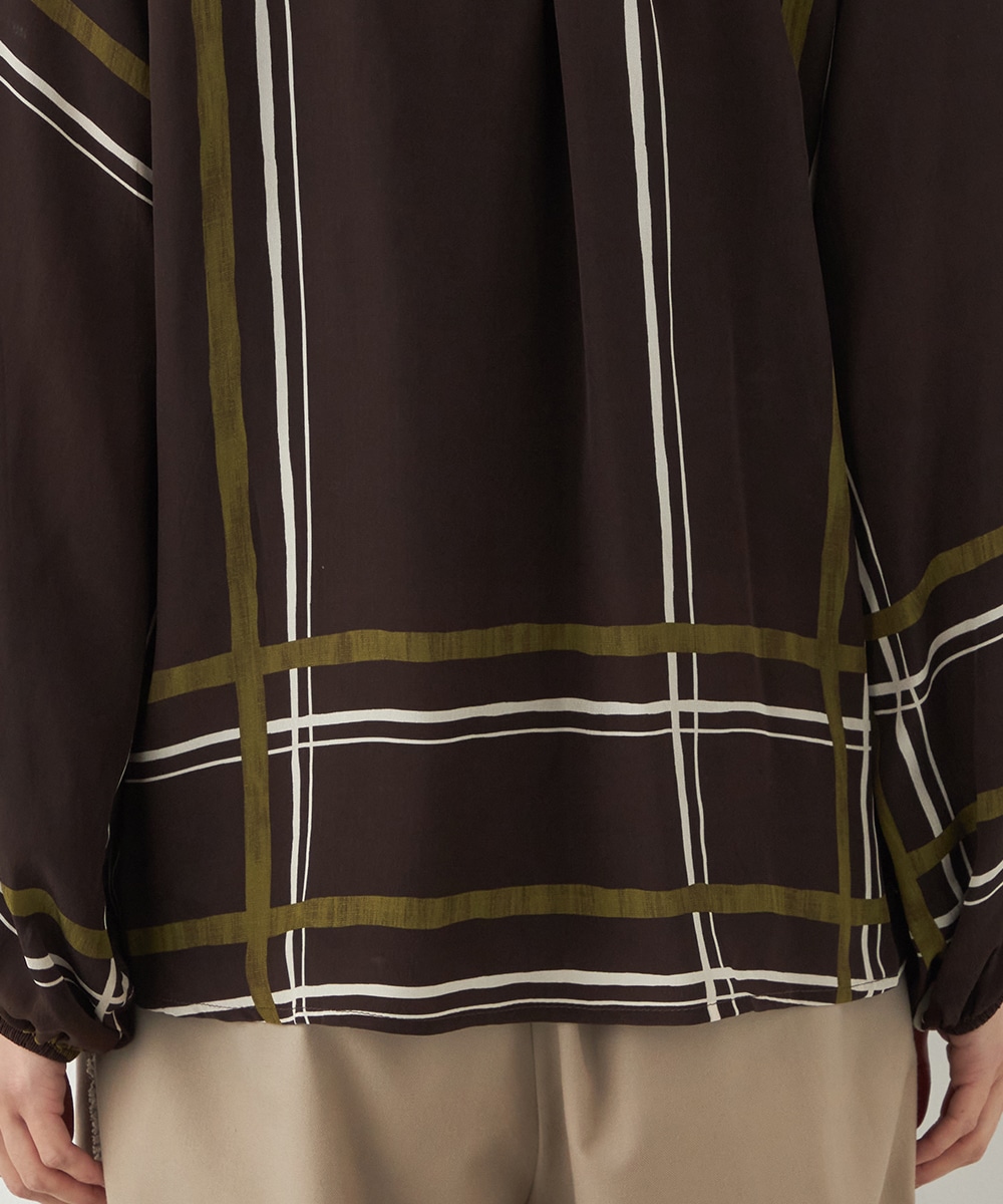 アシンメトリーボウタイチェックブラウス