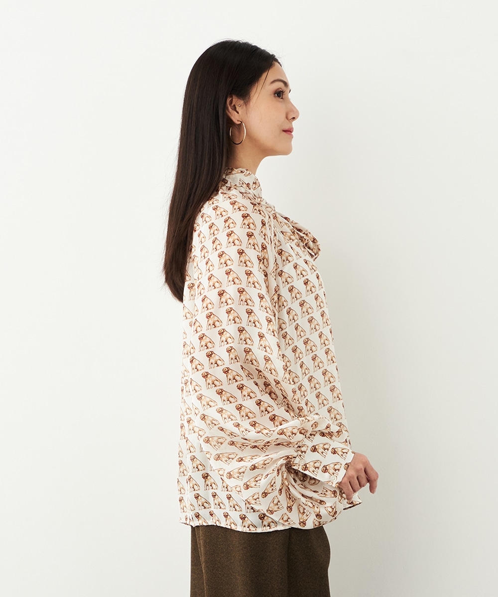 ドッグプリントボウタイブラウス