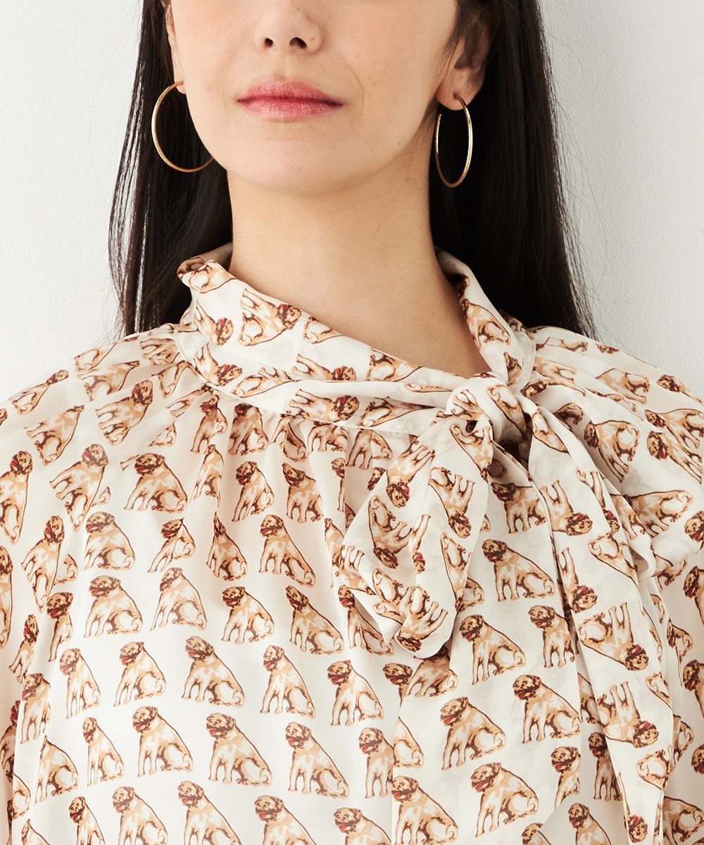 ドッグプリントボウタイブラウス