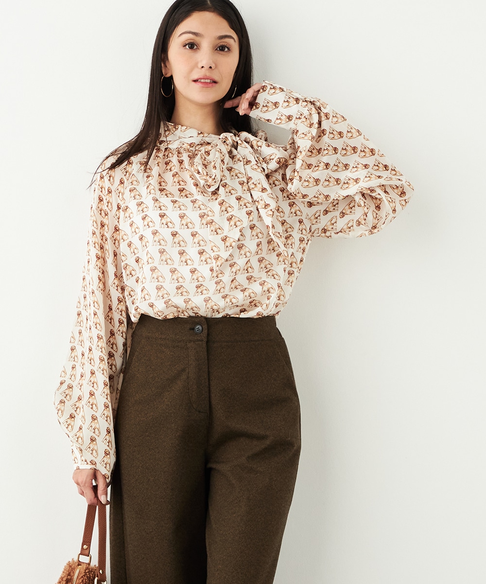 ドッグプリントボウタイブラウス
