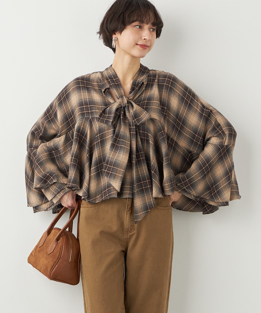 チェックボウタイポンチョブラウス