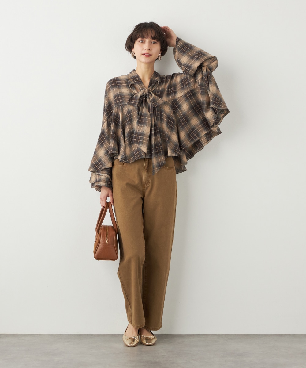 チェックボウタイポンチョブラウス