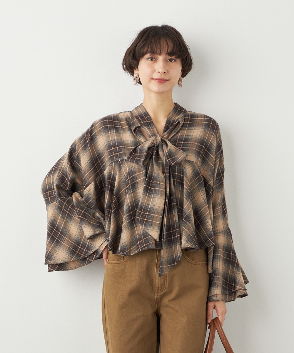 チェックボウタイポンチョブラウス