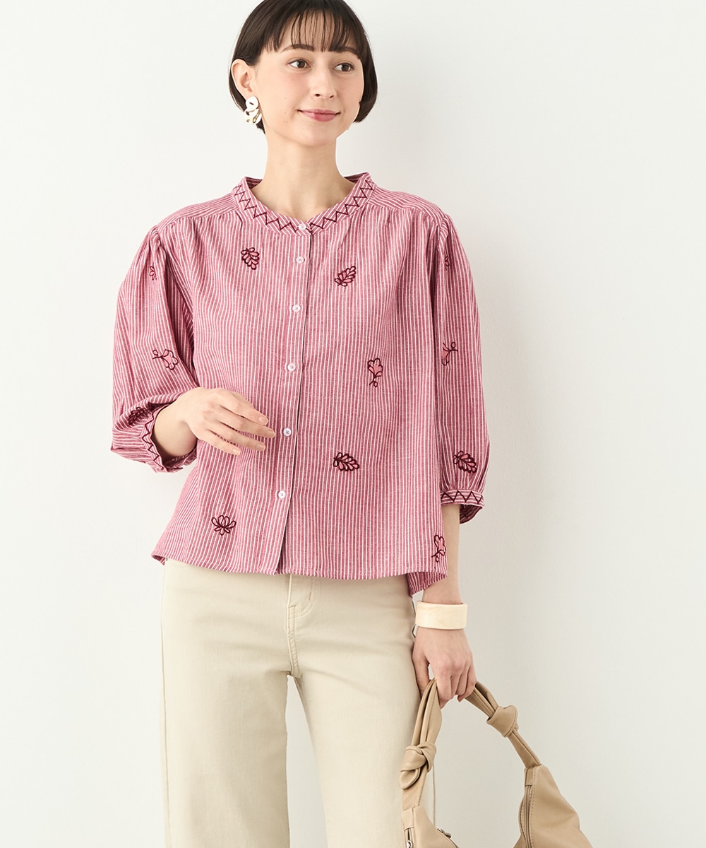 刺繍ストライプブラウス