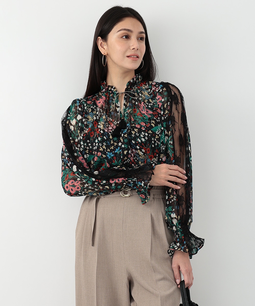 レース切り替えフラワープリントブラウス