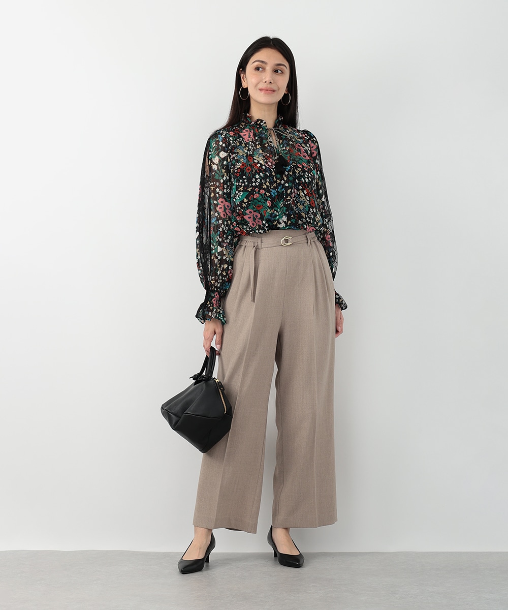 レース切り替えフラワープリントブラウス