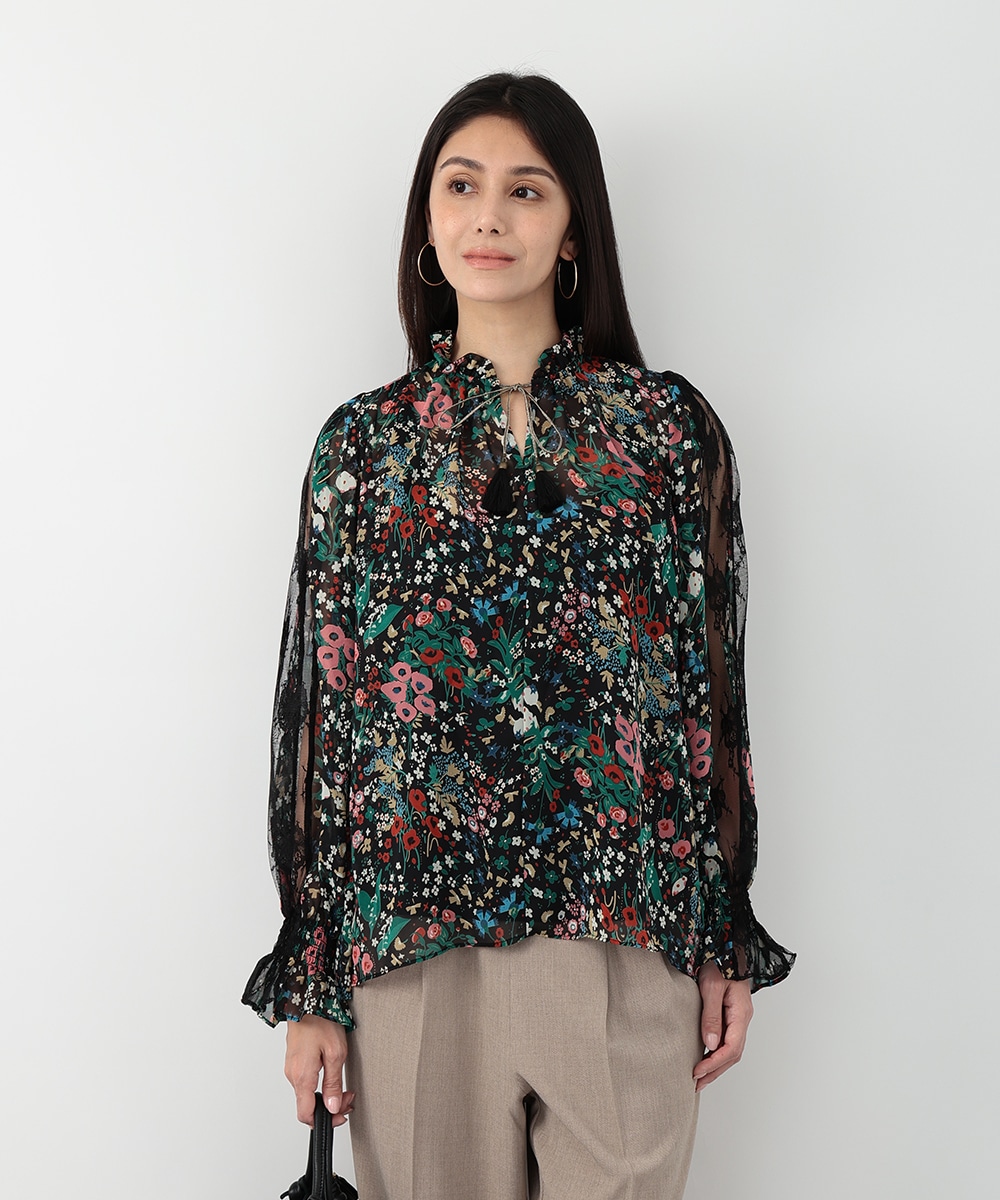 レース切り替えフラワープリントブラウス