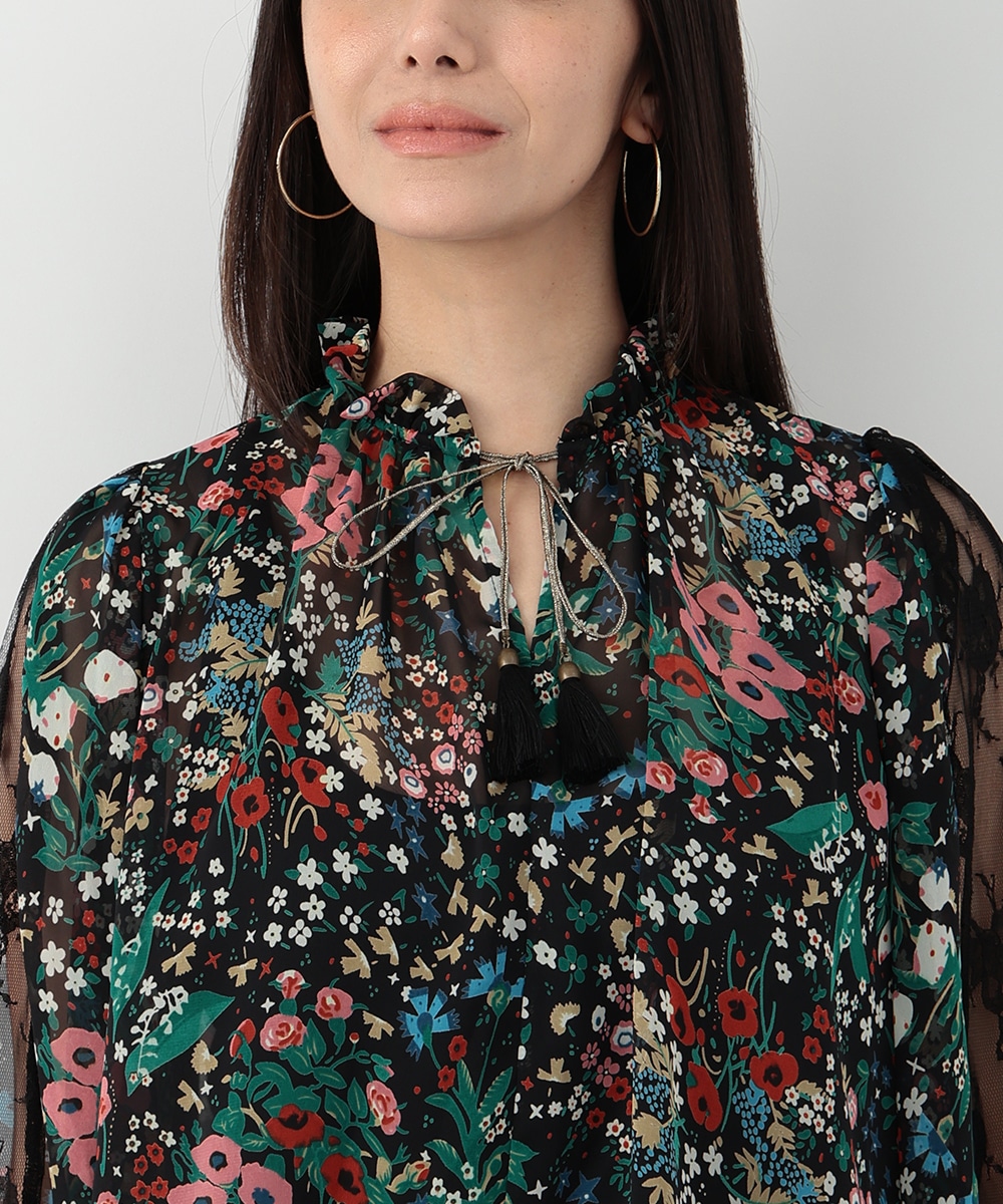 レース切り替えフラワープリントブラウス