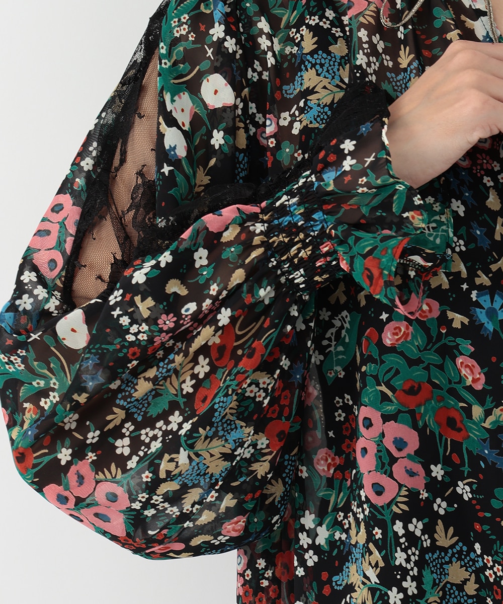 レース切り替えフラワープリントブラウス