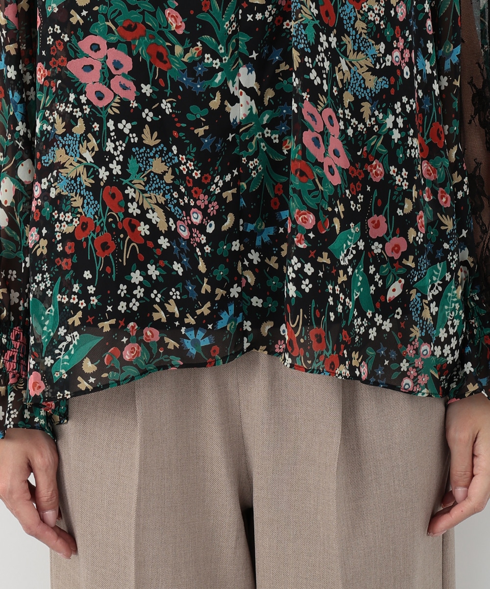 レース切り替えフラワープリントブラウス