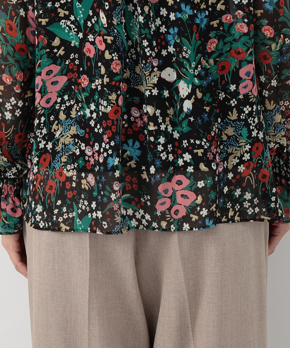 レース切り替えフラワープリントブラウス