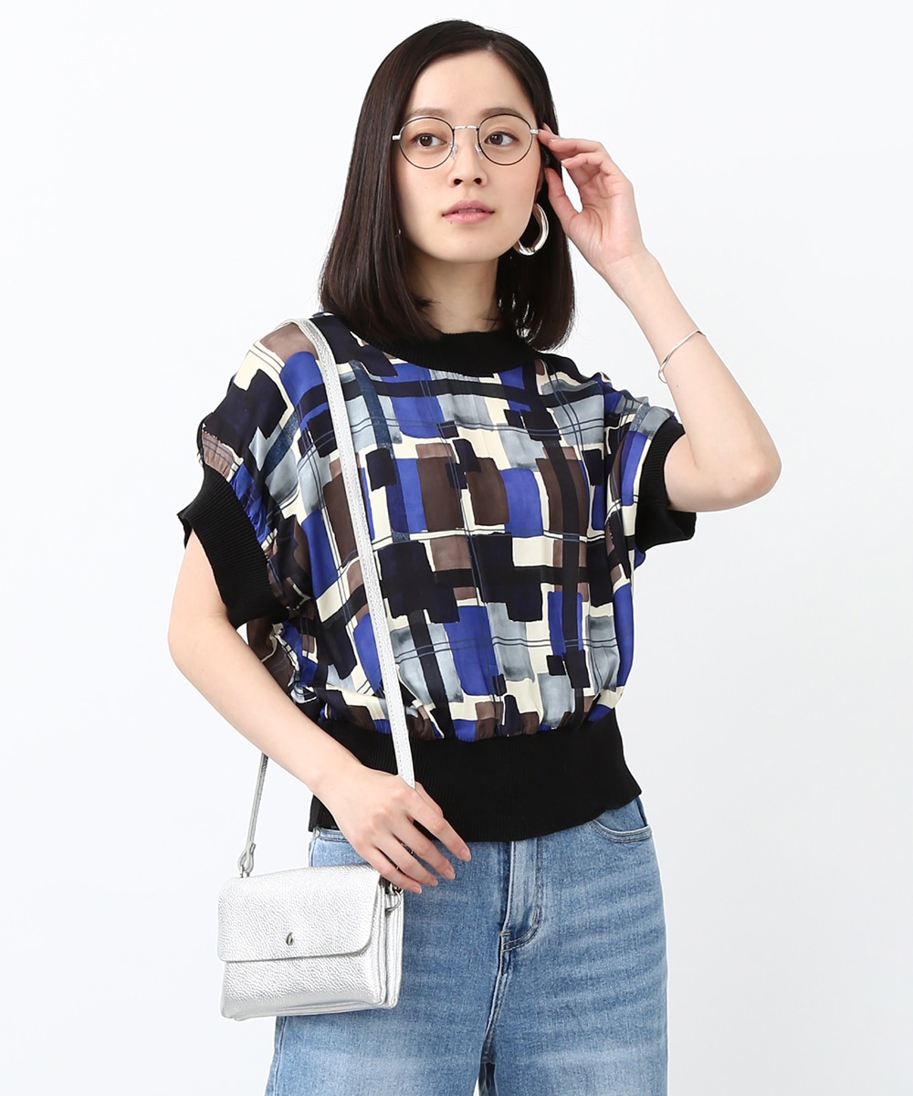 幾何学プリントリブ切り替えトップス