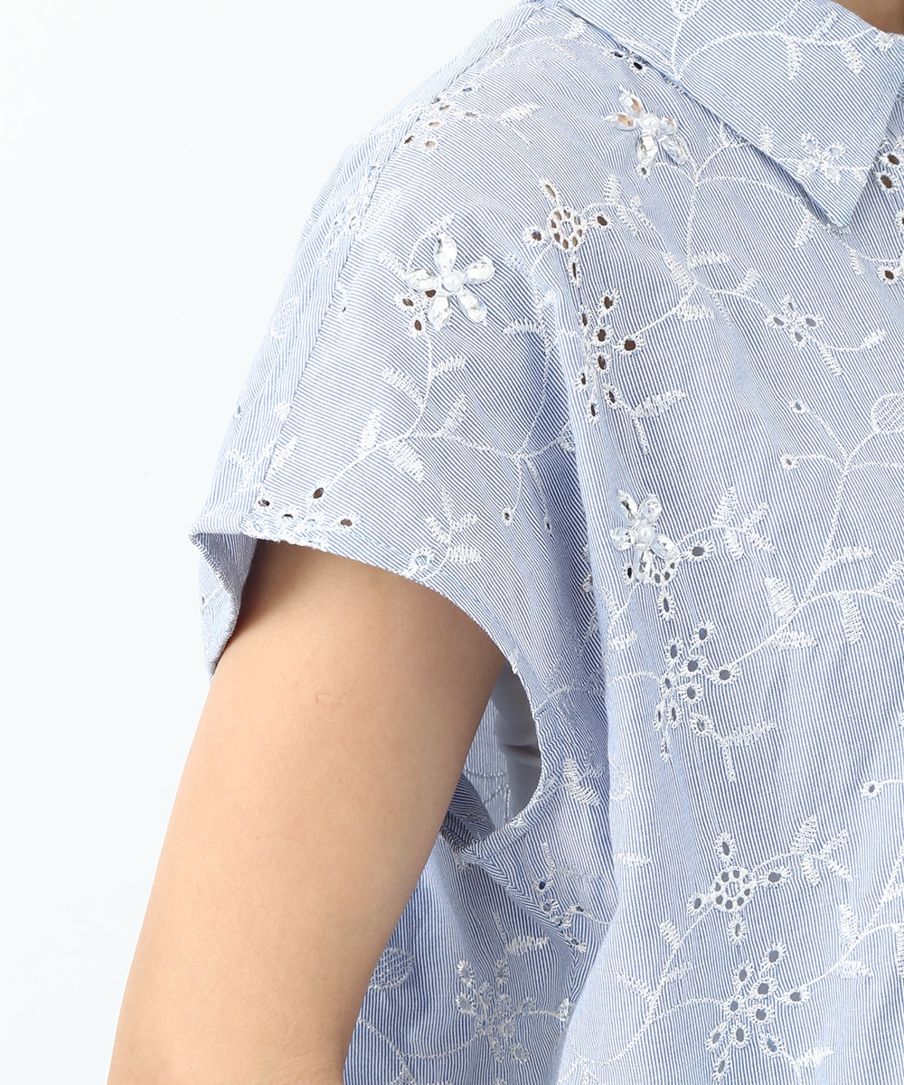 ストライプフラワー刺繍ビジューシャツ