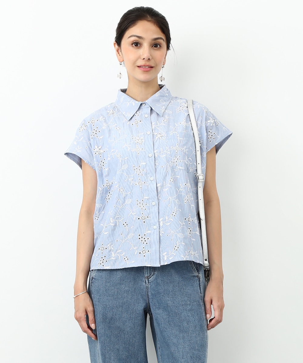 ストライプフラワー刺繍ビジューシャツ