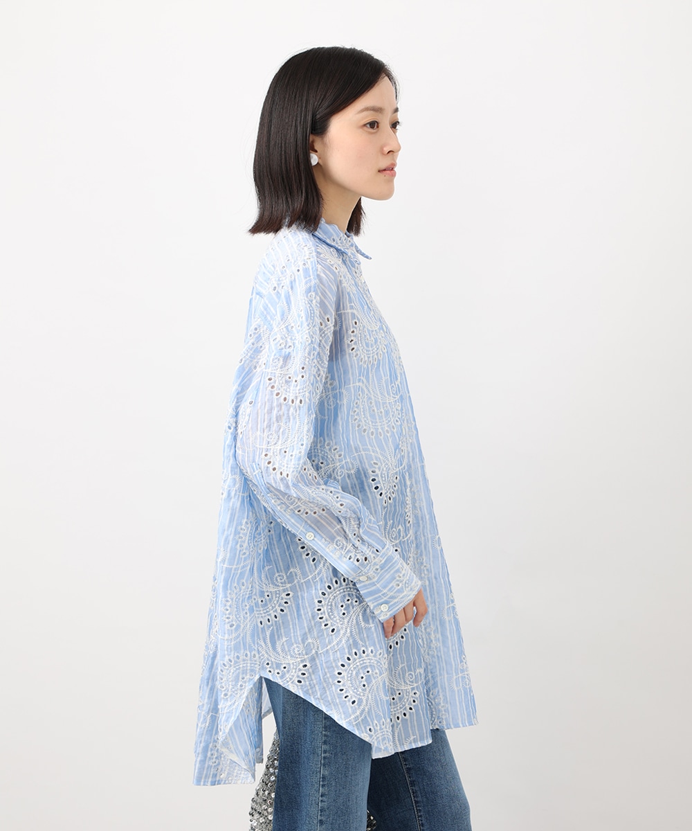 ストライプカットワーク刺繍シャツ