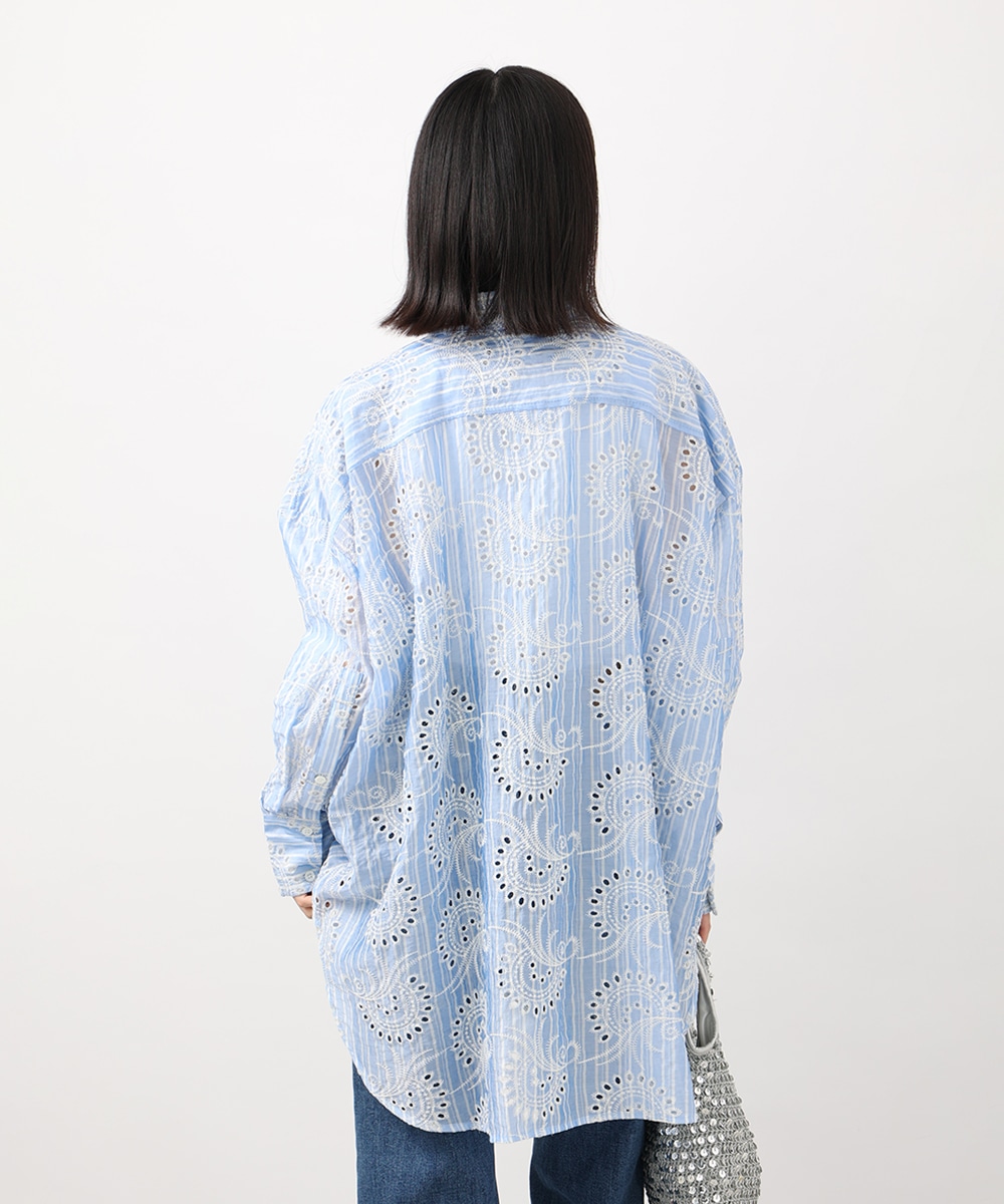 ストライプカットワーク刺繍シャツ