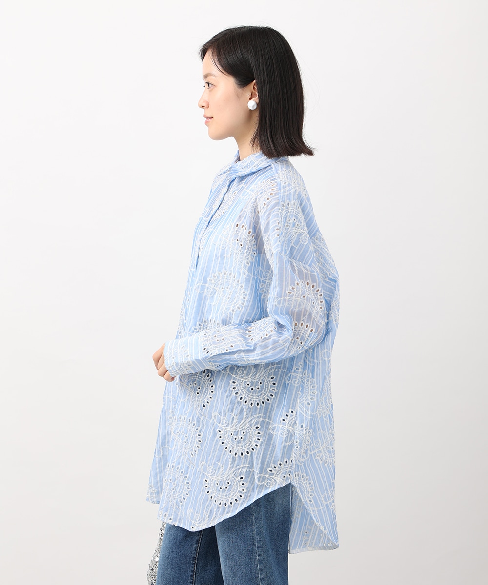 ストライプカットワーク刺繍シャツ