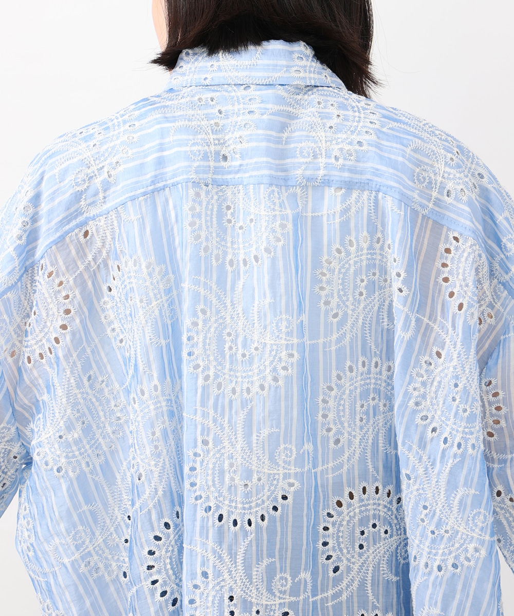 ストライプカットワーク刺繍シャツ