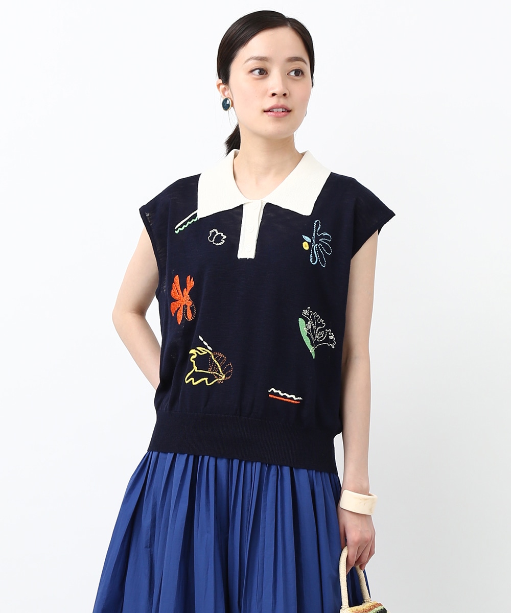 刺繍フレンチスリーブポロニット