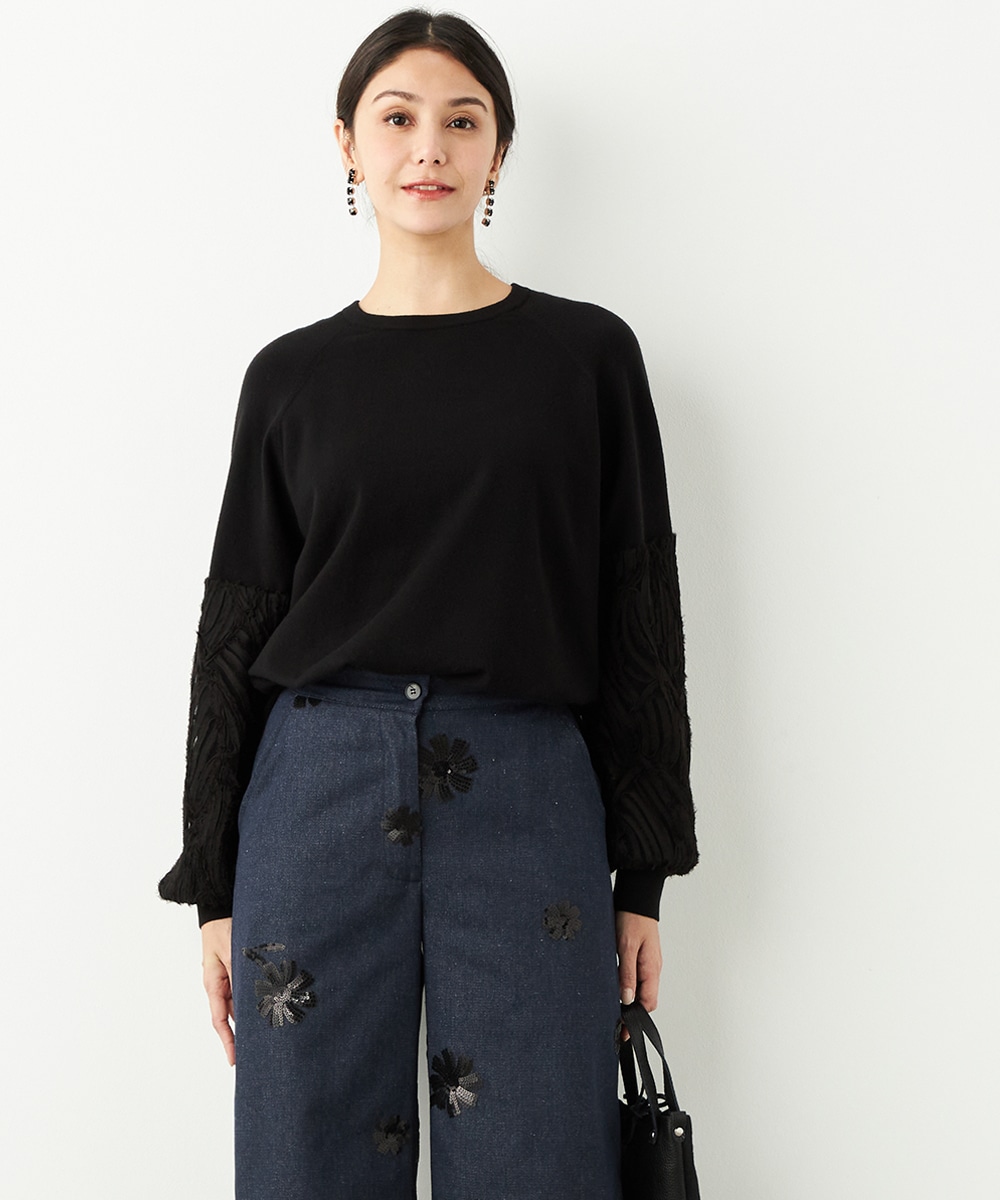 袖レースニット