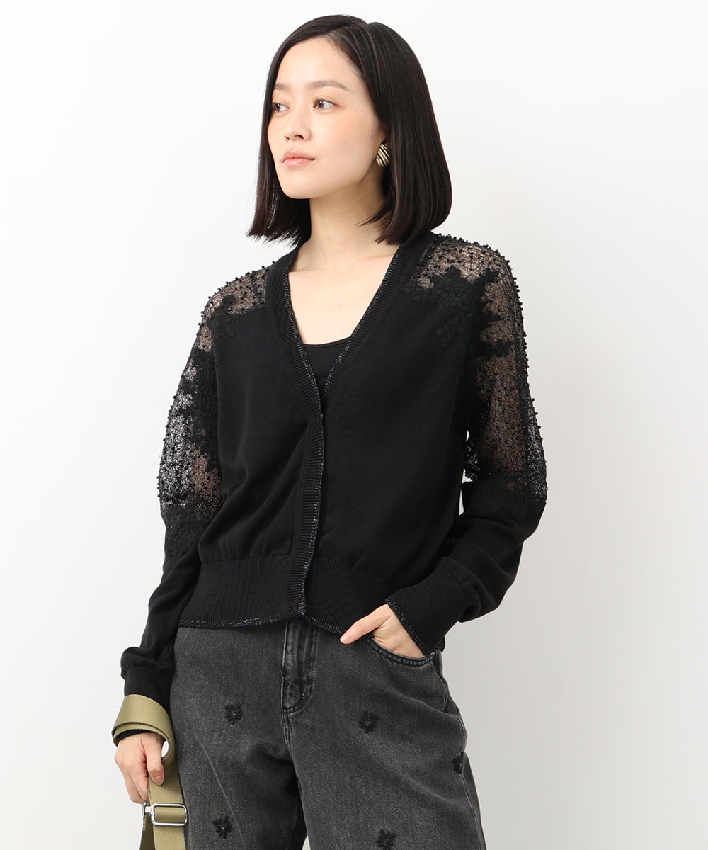 スリーブシアー刺繍ビジューカーディガン