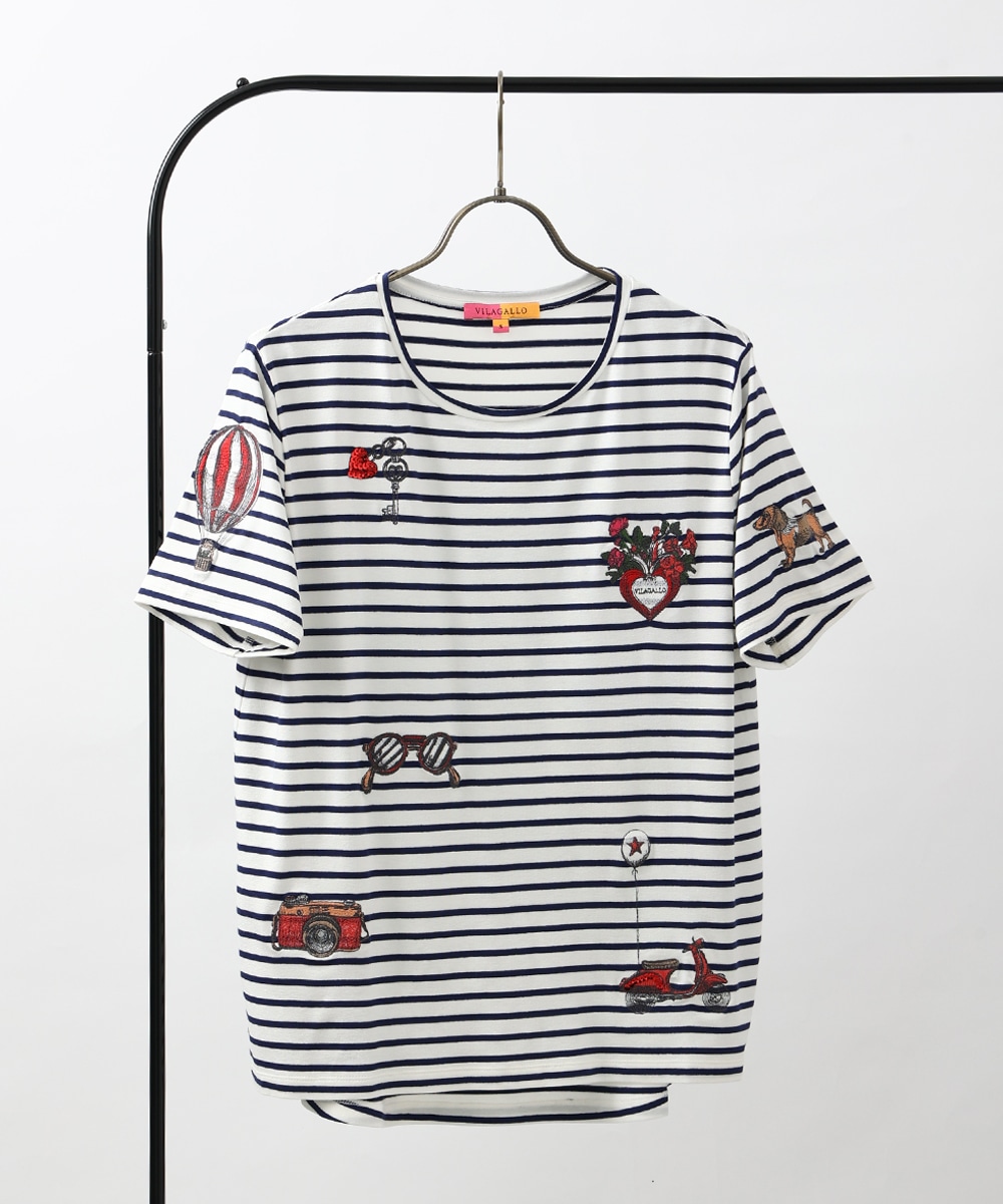 モチーフ刺繍ボーダーTシャツ