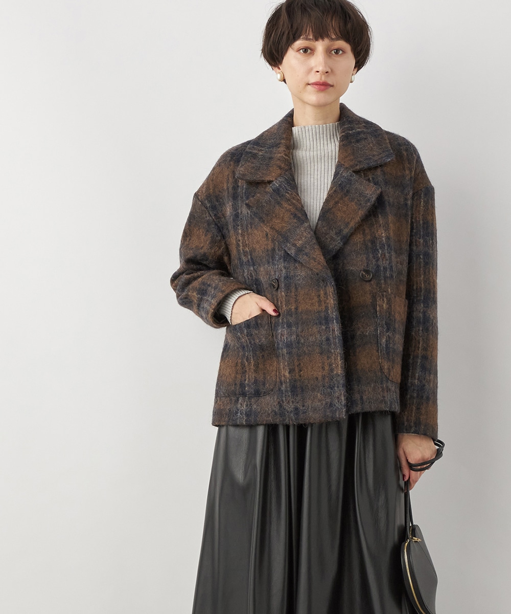 チェックシャギーショートコート