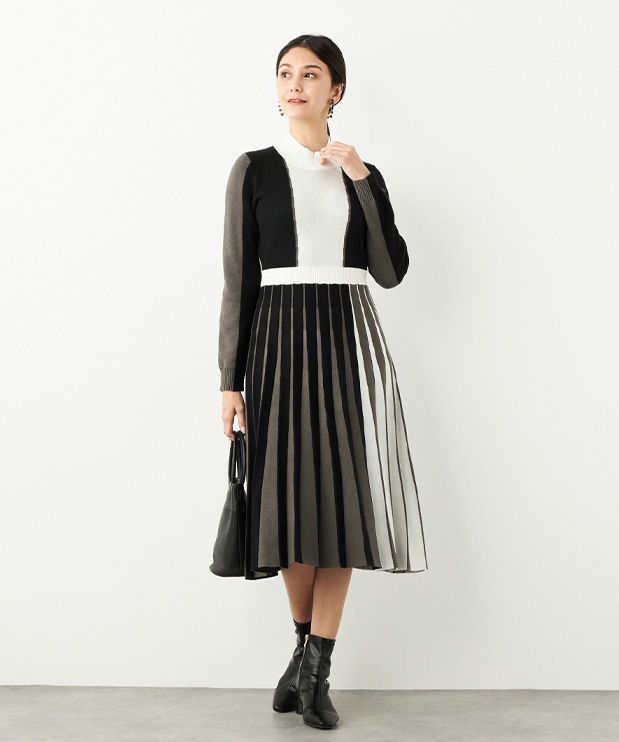 カラーブロックニットワンピース